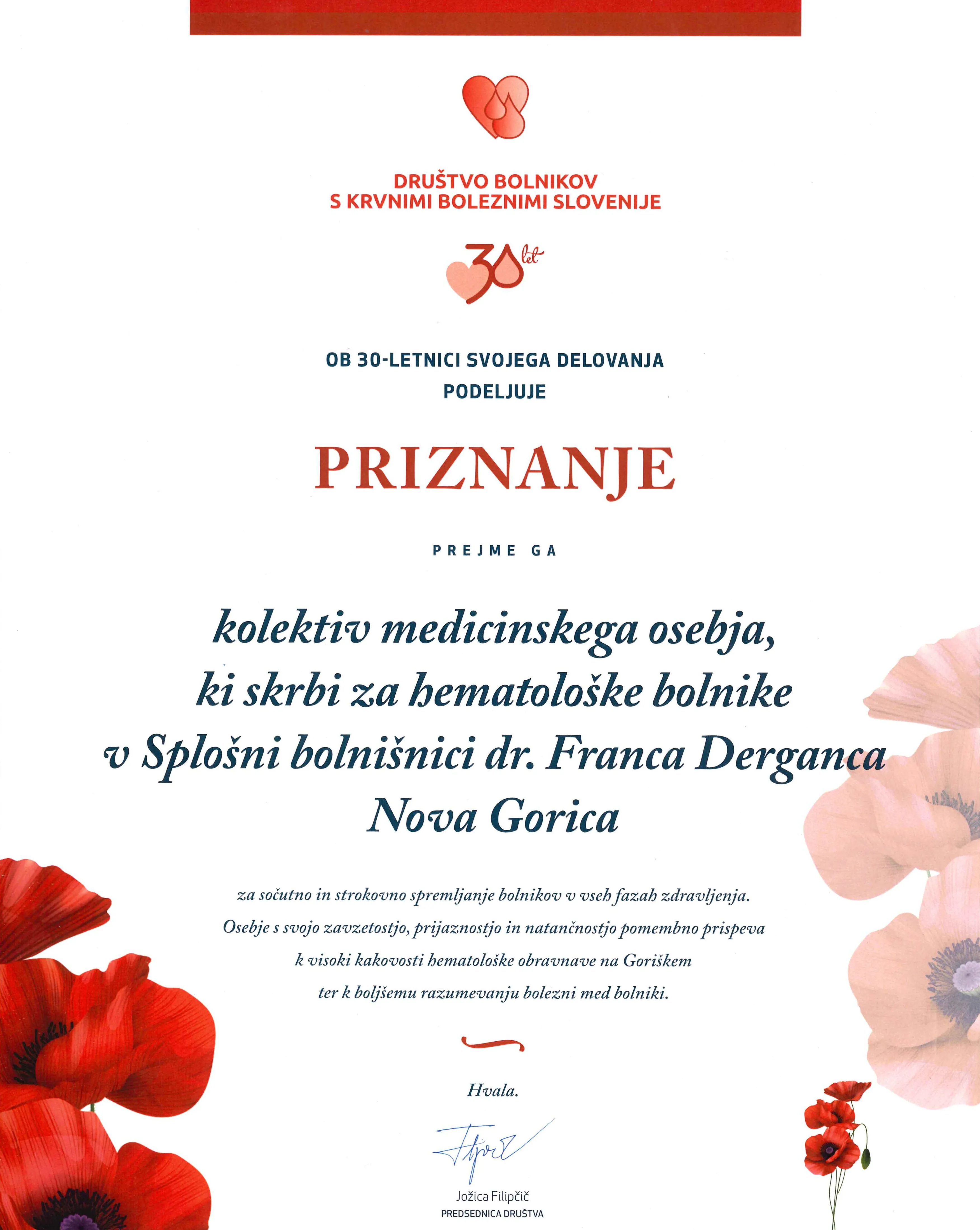Priznanje kolektivu medicinskega osebja, ki skrbi za hematolo&scaron;ke bolnike v SB Nova Gorica.